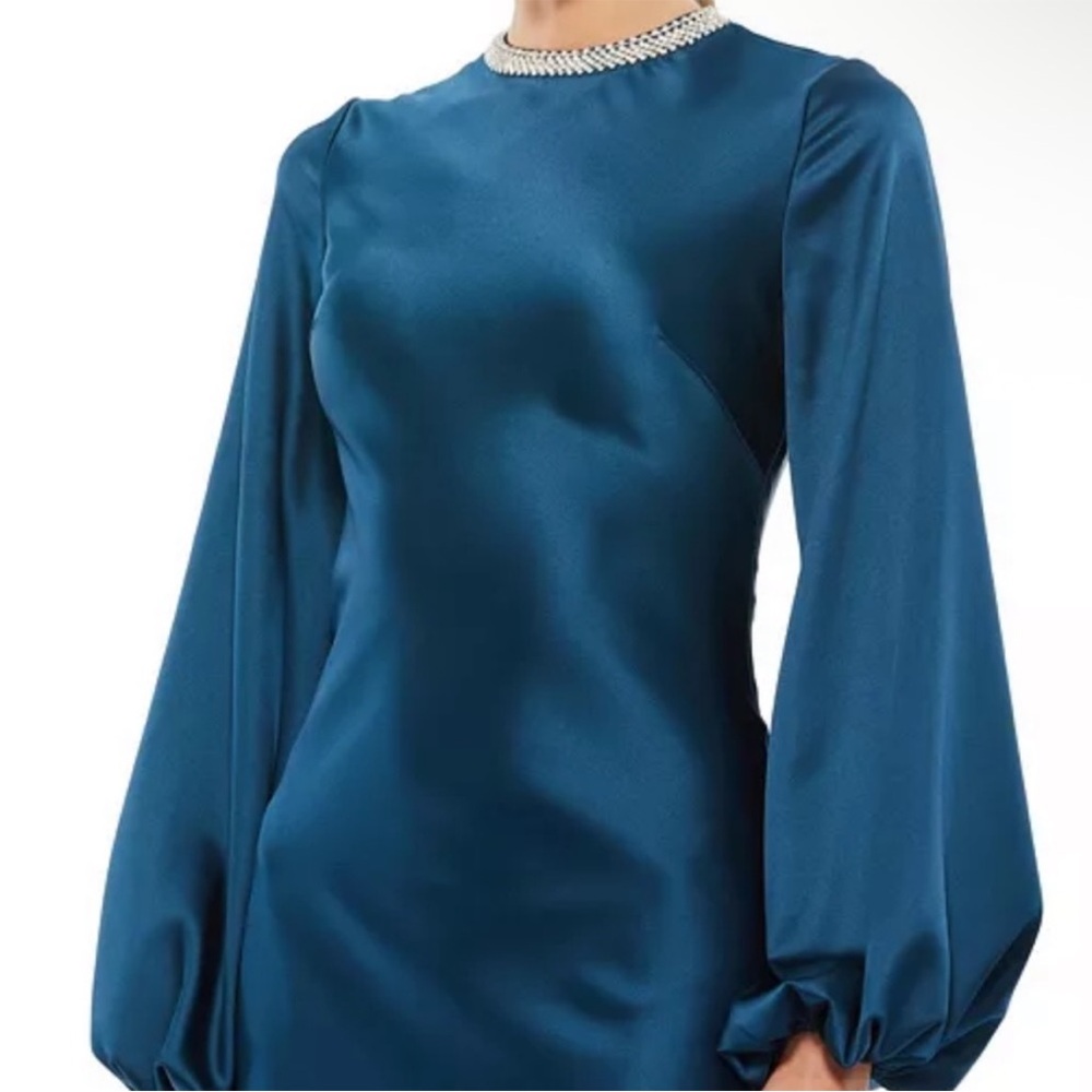 Mac Duggal Blue Beaded High Neck Bishop Sleeve Satin Gown - Picture 4 of 13